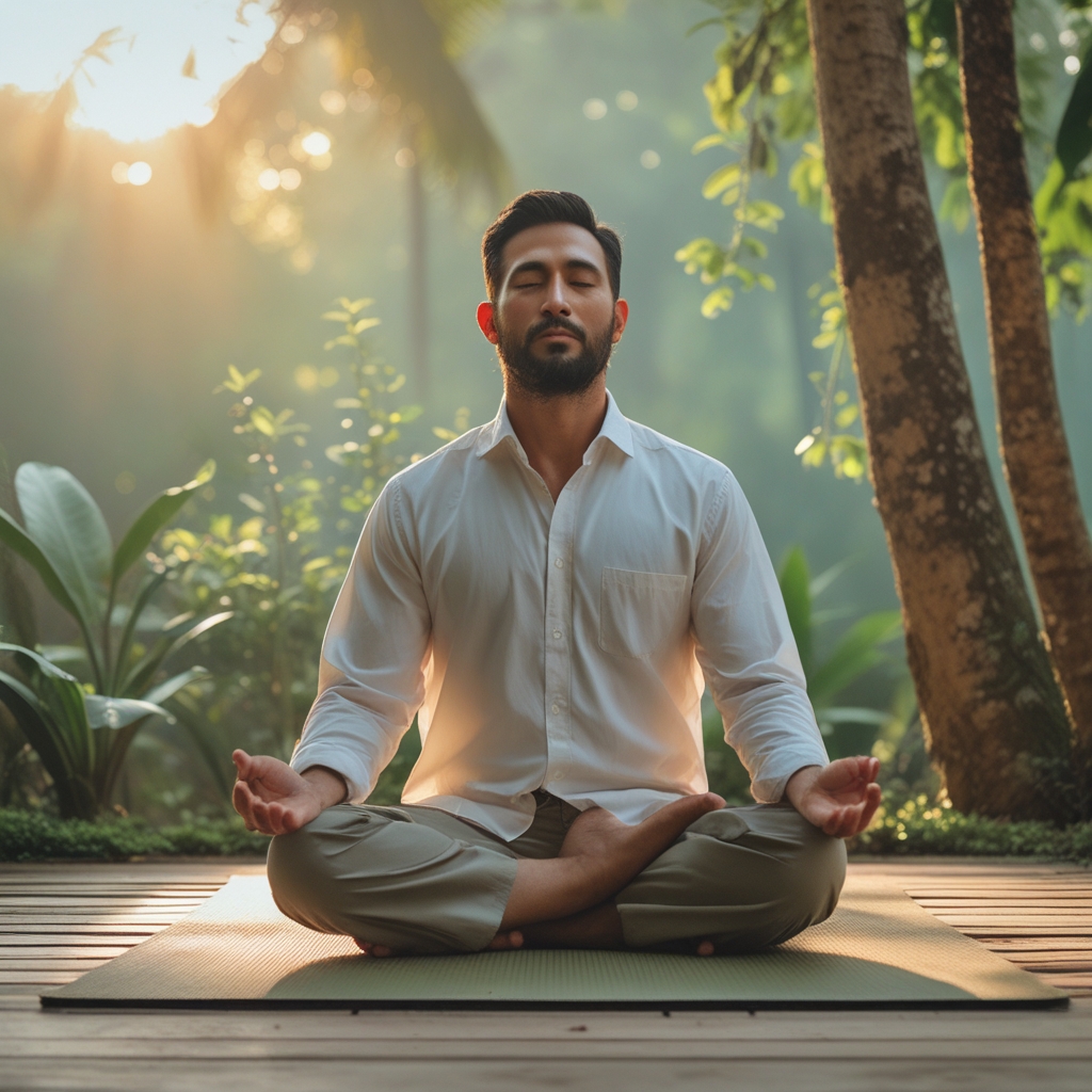 Seorang pria paruh baya berambut abu-abu duduk bersila di atas matras yoga di taman hijau yang tenang, dengan mata terpejam dalam posisi meditasi, dikelilingi pepohonan rindang dan cahaya pagi yang lembut